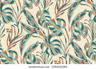 Modern exotic floral jungle pattern. Collage contemporary seamless pattern. Hand drawn cartoon style pattern. Boho foliage botanical tropical leaves