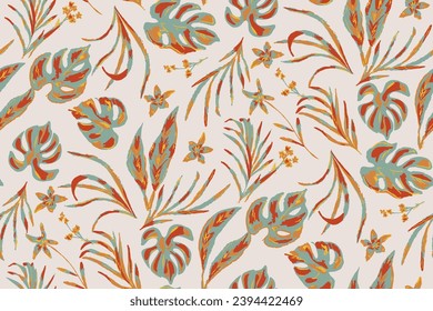 Modern exotic floral jungle pattern. Collage contemporary seamless pattern. Hand drawn cartoon style pattern. Boho foliage botanical tropical leaves