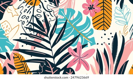 Modern exotic floral jungle pattern. Collage contemporary seamless pattern. Hand drawn cartoon style pattern