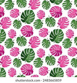 Modern exotic floral jungle pattern with monstera . Collage contemporary seamless pattern. Hand drawn cartoon style pattern