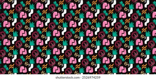 A modern exotic floral jungle pattern in a hand-drawn, cartoon style, featuring a contemporary collage of seamless elements. Ideal for vibrant and playful design projects with a trendy, creative touch