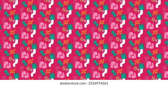 Ein modernes exotisches Blumendschungelmuster im handgezeichneten Cartoon-Stil mit einer zeitgenössischen Collage aus nahtlosen Elementen. Ideal für lebendige und spielerische Designprojekte mit einem trendigen, kreativen Touch