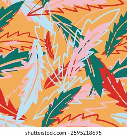 Modern exotic floral jungle pattern. Collage contemporary seamless pattern. Hand drawn cartoon style pattern. Vector illustration