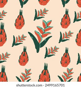 Modern exotic floral jungle pattern.Graphic vector pattern with exotic plants for the travel industry, label, beach collection.