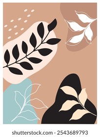 Modern exotic floral pattern background in boho art style. Fun doodle pattern background with abstract shapes and colors.