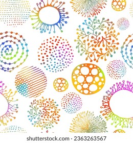 Modern exotic floral pattern. Seamless pattern of colored abstract elements. Vector illustration. Hand drawn cartoon style pattern.