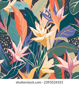 Modern exotic floral tropical vector pattern. Collage contemporary seamless pattern. Hand drawn cartoon style pattern. Minimalism 