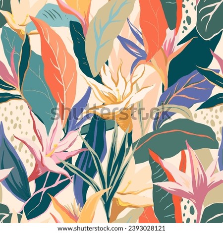 Modern exotic floral tropical vector pattern. Collage contemporary seamless pattern. Hand drawn cartoon style pattern. Minimalism 