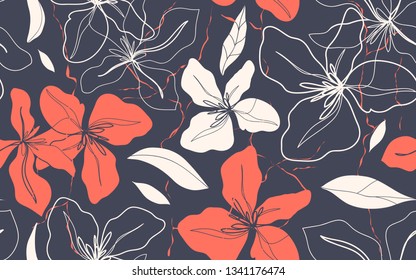 Modern exotic flowers illustration pattern. Creative collage contemporary floral pattern. Fashionable template for design