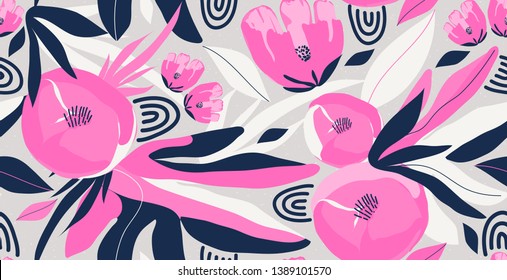 Modern exotic flowers illustration pattern. Creative collage contemporary floral pattern. Fashionable template for design