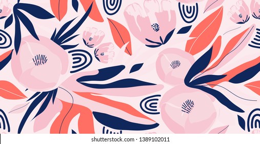 Modern exotic flowers illustration pattern. Creative collage contemporary floral pattern. Fashionable template for design