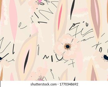 Modern exotic flowers illustration pattern. Creative collage contemporary floral seamless pattern. Fashionable template for design.