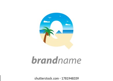 Modern and Exotic illustration logo design initial Q shaped like a beach. 