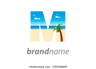 Modern and Exotic illustration logo design initial M shaped like a beach. 