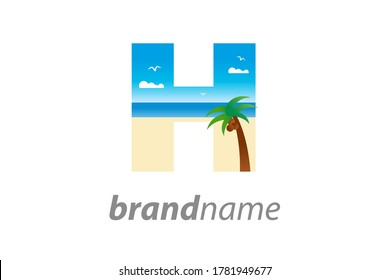 Modern and Exotic illustration logo design initial H shaped like a beach. 