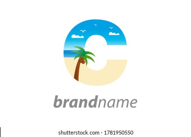 Modern and Exotic illustration logo design initial C shaped like a beach. 