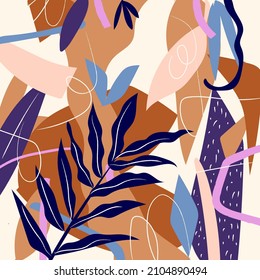Modern exotic jungle floral vector illustration background. Creative collage contemporary nature,leaves,flowers. Fashionable template for design.