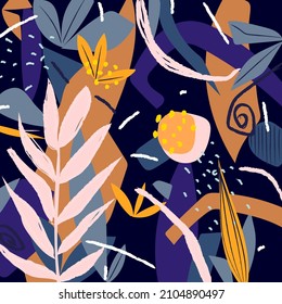 Modern exotic jungle floral vector illustration background. Creative collage contemporary nature,leaves,flowers. Fashionable template for design.