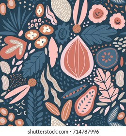 Modern exotic jungle fruits and plants seamless pattern in vector