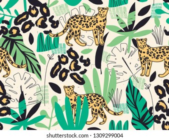 Modern exotic jungle illustration pattern with leopards. Creative collage contemporary floral seamless pattern. Fashionable template for design.