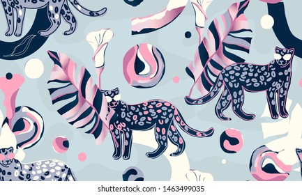 Modern exotic jungle illustration pattern with leopards. Creative collage contemporary floral seamless pattern. Fashionable template for design.