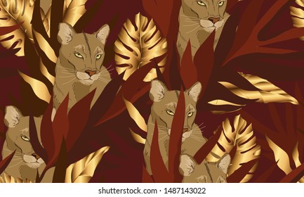 Modern exotic jungle illustration pattern with pumas. Creative collage contemporary floral seamless pattern. Fashionable template for design.