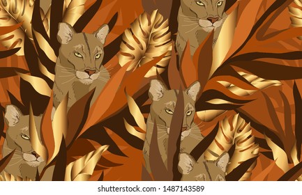 Modern exotic jungle illustration pattern with pumas. Creative collage contemporary floral seamless pattern. Fashionable template for design.