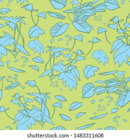 Modern exotic jungle leaf pattern. Scattered botanical leaf, line art doodle style, in pastel green and blue tones. Perfect for packaging design, home decor, fabric wallpaper and stationary.