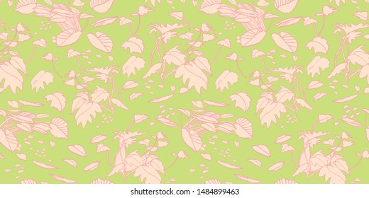 Modern exotic jungle leaf pattern. Scattered botanical leaf, line art doodle style, in pastel green an pink tones. Perfect for packaging design, home decor, fabric wallpaper and stationary.