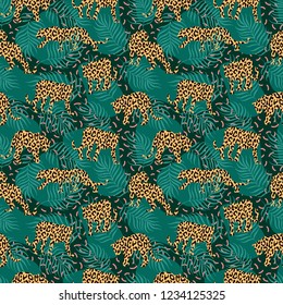 Modern exotic jungle pattern with leopard silhouettes on structured background. Minimal illustration style.