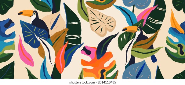 Modern exotic jungle pattern with toucan bird. Collage contemporary seamless pattern. Hand drawn cartoon style pattern.