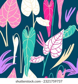 Modern exotic jungle pattern with tropical leaves. Hand drawn cartoon style seamless pattern. Bright colors. Fashion temlate for design