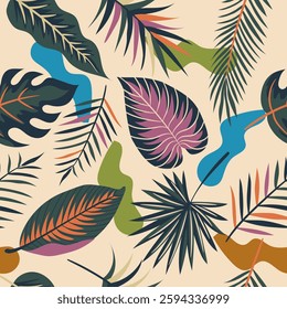 Modern exotic jungle pattern with tropical leaves. Collage contemporary seamless pattern. Hand drawn cartoon style pattern.
