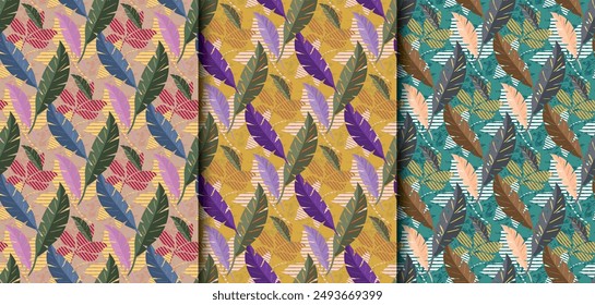 Moderna planta exótica de la selva deja ilustraciones en Vector. Diseño de patrón sin costuras. Conjunto de patrones de silueta de hoja en forma de línea. 4 colores diferentes.