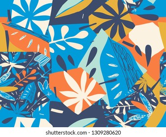 Modern exotic jungle plants illustration pattern. Creative collage contemporary floral seamless pattern. Fashionable template for design.