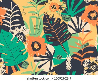 Modern exotic jungle plants illustration pattern. Creative collage contemporary floral seamless pattern. Fashionable template for design.