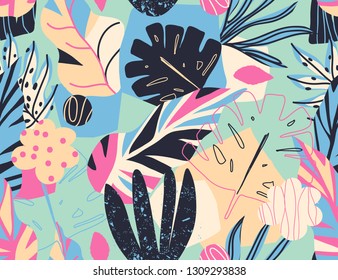 Modern exotic jungle plants illustration pattern. Creative collage contemporary floral seamless pattern. Fashionable template for design.