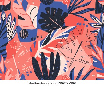 Modern exotic jungle plants illustration pattern. Creative collage contemporary floral seamless pattern. Fashionable template for design.
