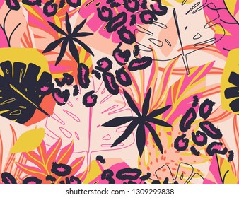 Modern exotic jungle plants illustration pattern. Creative collage contemporary floral seamless pattern. Fashionable template for design.