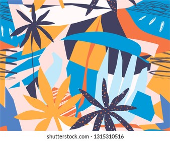 Modern exotic jungle plants illustration pattern. Creative collage contemporary floral seamless pattern. Fashionable template for design.