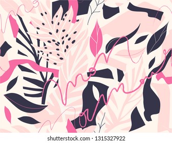 Modern exotic jungle plants illustration pattern. Creative collage contemporary floral seamless pattern. Fashionable template for design. With french sign "MON AMOUR".