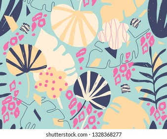 Modern exotic jungle plants illustration pattern. Creative collage contemporary floral seamless pattern. Fashionable template for design.