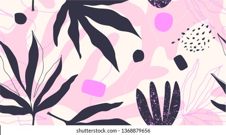 Modern exotic jungle plants illustration pattern. Creative collage contemporary floral seamless pattern. Fashionable template for design.