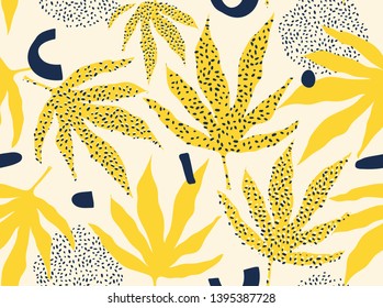 Modern exotic jungle plants illustration pattern. Creative collage contemporary floral seamless pattern. Fashionable template for design.