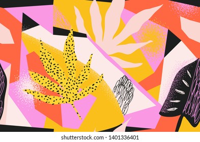 Modern exotic jungle plants illustration pattern. Creative collage contemporary floral seamless pattern. Fashionable template for design.