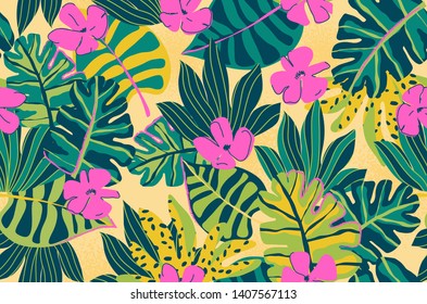 Modern exotic jungle plants illustration pattern. Creative collage contemporary floral seamless pattern. Fashionable template for design.