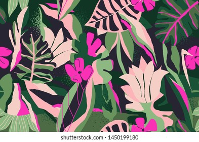 Modern exotic jungle plants illustration pattern. Creative collage contemporary floral seamless pattern. Fashionable template for design.