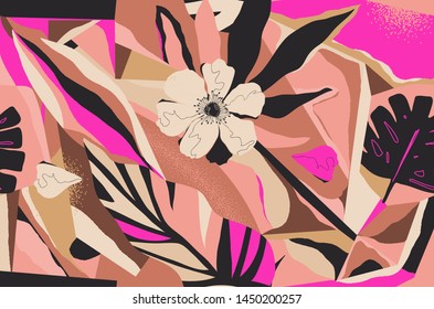 Motif d'illustration de plantes de la jungle exotique moderne. Collage créatif motif floral contemporain harmonieux. Modèle à la mode pour la conception.