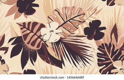 Modern exotic jungle plants illustration pattern. Creative collage contemporary floral seamless pattern. Fashionable template for design.