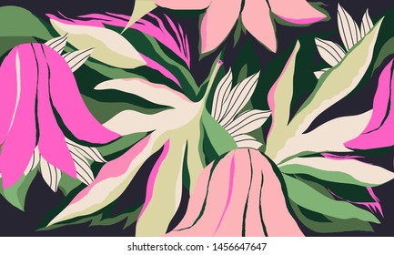 Modern exotic jungle plants illustration pattern. Creative collage contemporary floral seamless pattern. Fashionable template for design.